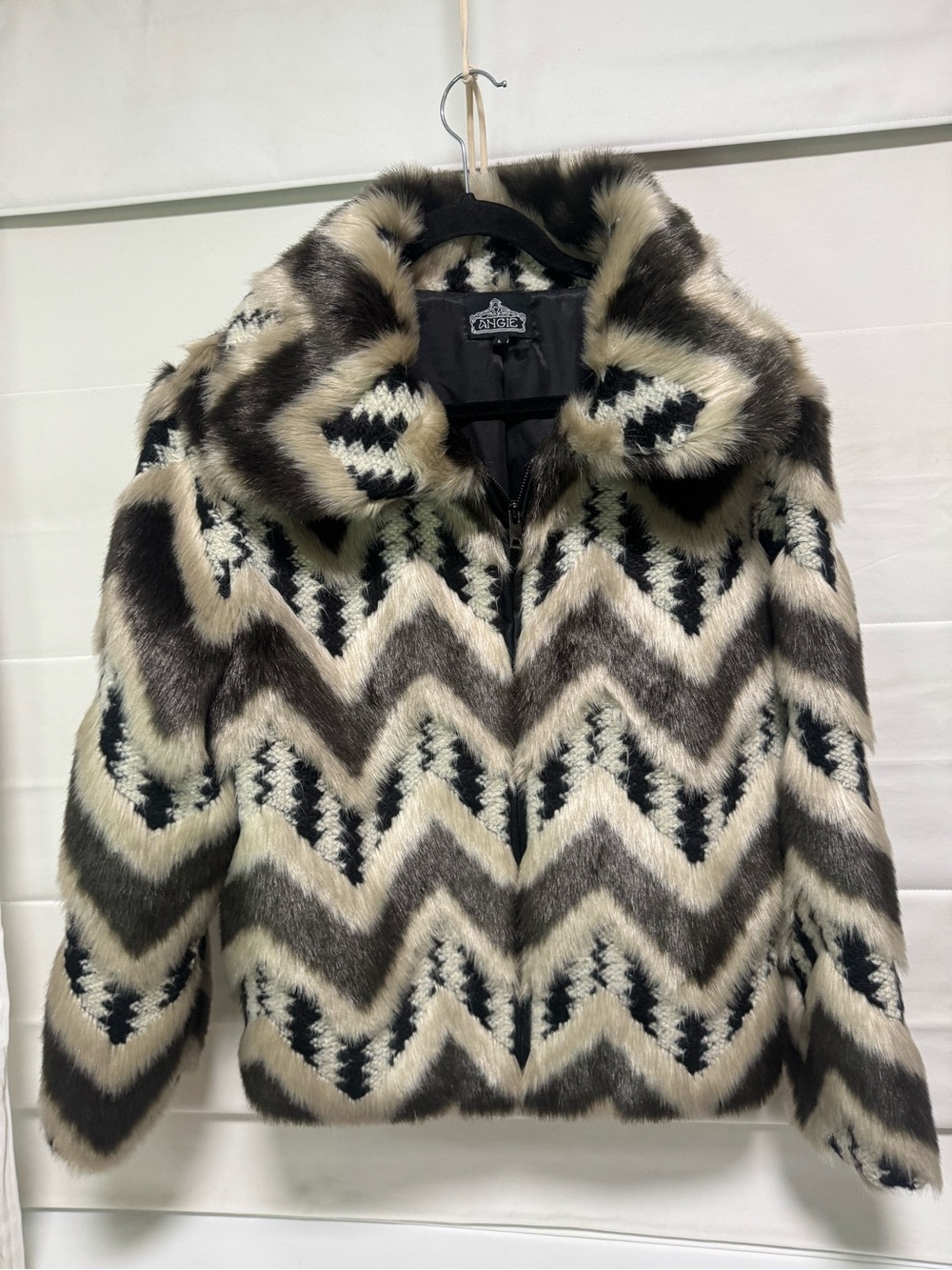 Angie Zigzag Faux Fur Jacket in Black, Cream, Brown